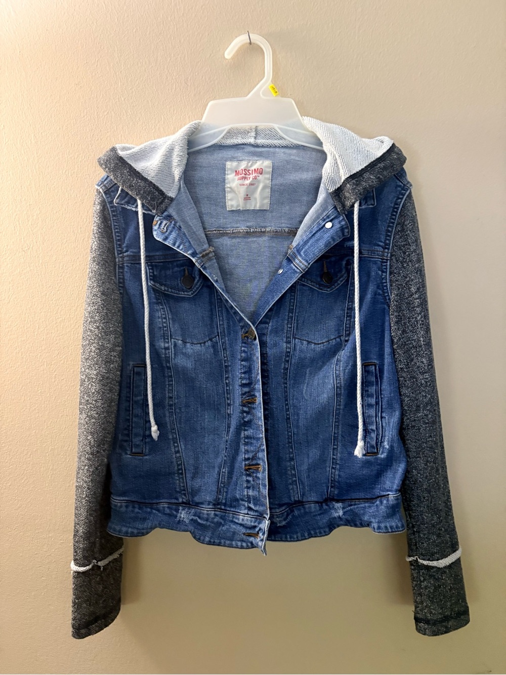 Mossimo Supply Co. Light Blue Denim Jacket with gray sleeves and hood